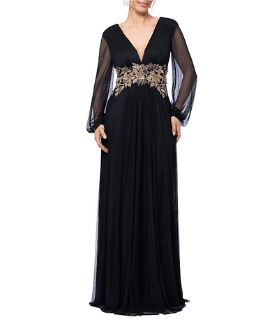 Betsy & Adam Long Power Mesh Long Sleeve Metallic Applique Dress