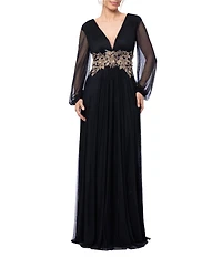 Betsy & Adam Long Power Mesh Long Sleeve Metallic Applique Dress