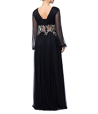 Betsy & Adam Long Power Mesh Long Sleeve Metallic Applique Dress