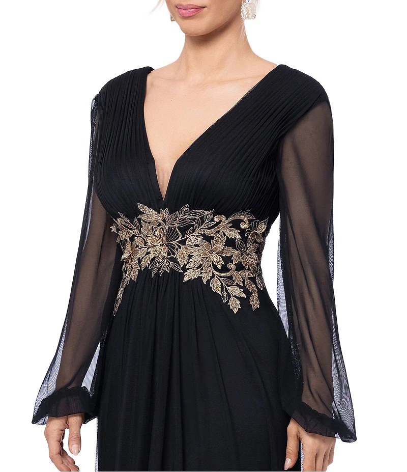 Betsy & Adam Long Power Mesh Long Sleeve Metallic Applique Dress