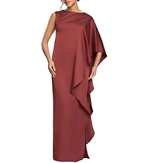 Betsy & Adam Long Satin Kaftan Side Ruffle Dress