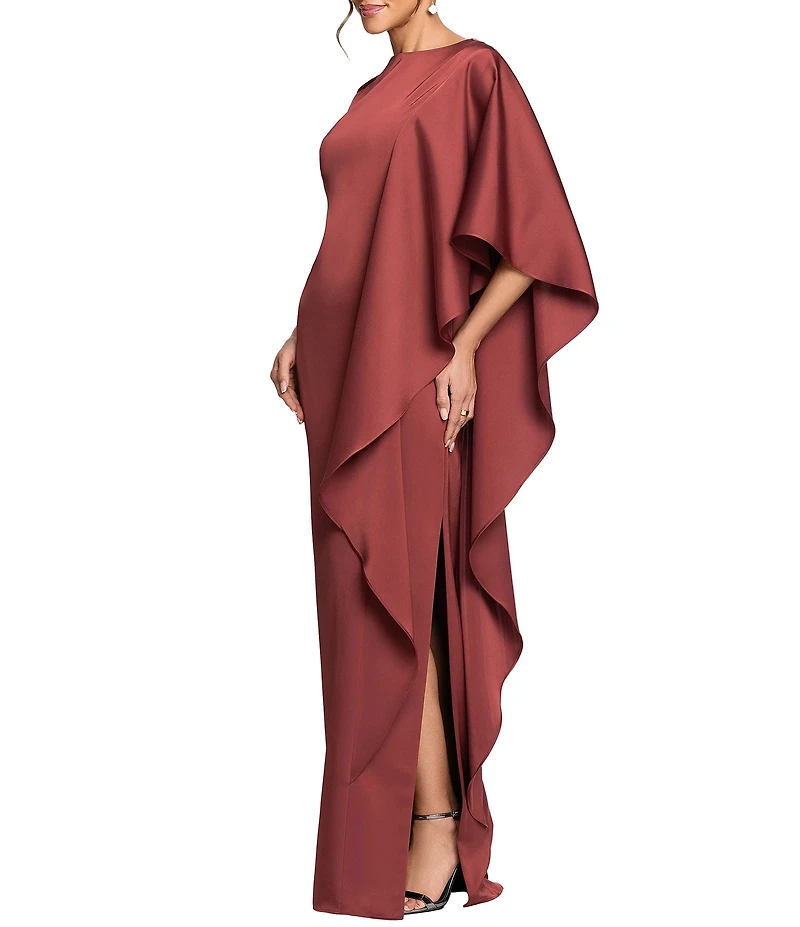 Betsy & Adam Long Satin Kaftan Side Ruffle Dress