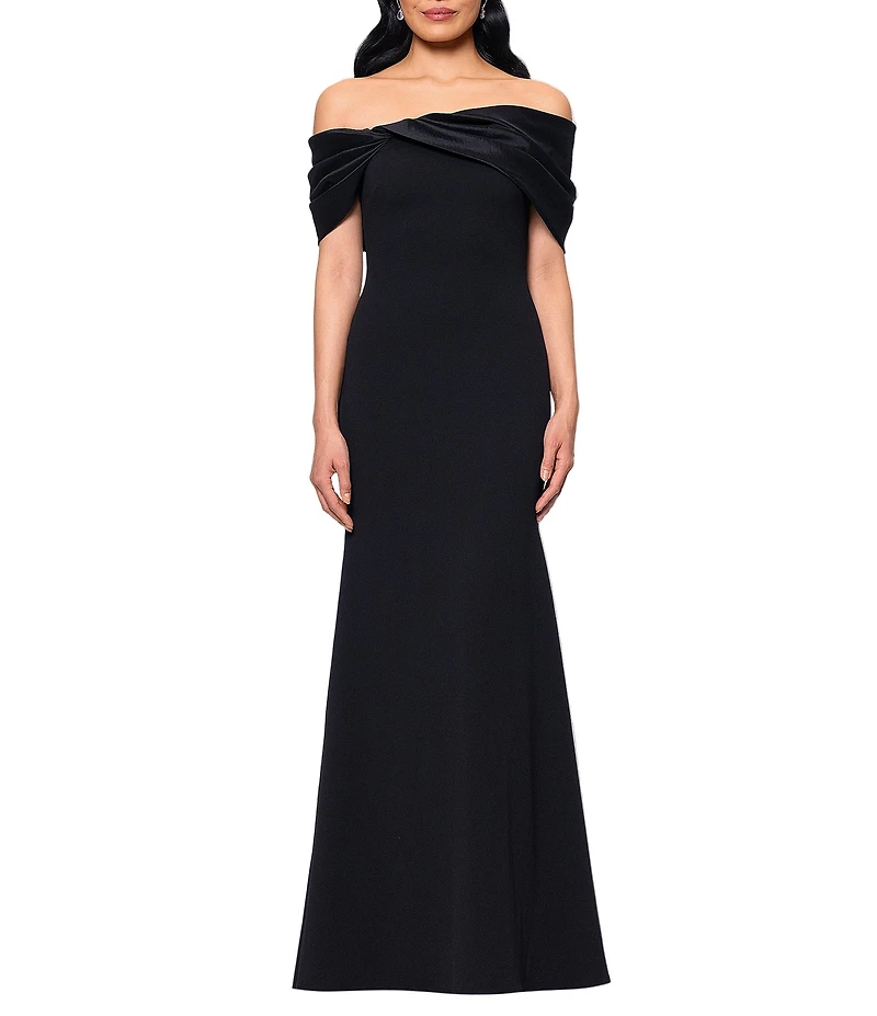 Betsy & Adam Long Scuba Crepe Dress With Taffeta Off The Shoulder Twist Top