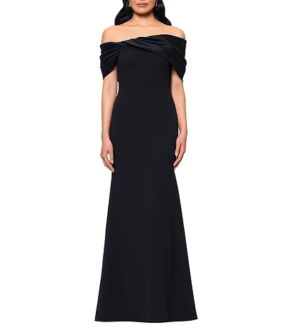 Betsy & Adam Long Scuba Crepe Dress With Taffeta Off The Shoulder Twist Top