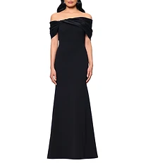 Betsy & Adam Long Scuba Crepe Dress With Taffeta Off The Shoulder Twist Top