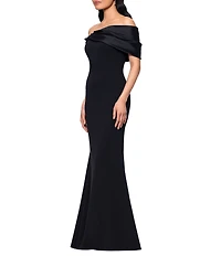 Betsy & Adam Long Scuba Crepe Dress With Taffeta Off The Shoulder Twist Top