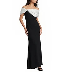 Betsy & Adam Long Scuba Crepe Dress With Taffeta Off The Shoulder Twist Top