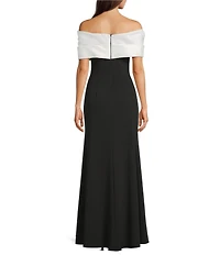 Betsy & Adam Long Scuba Crepe Dress With Taffeta Off The Shoulder Twist Top