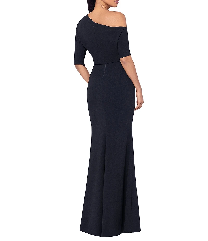 Betsy & Adam Scuba Crepe Asymmetric One Shoulder Short Sleeve Mermaid Gown