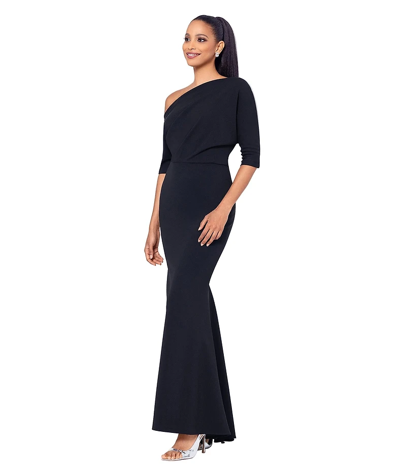 Betsy & Adam Scuba Crepe Asymmetric One Shoulder Short Sleeve Mermaid Gown