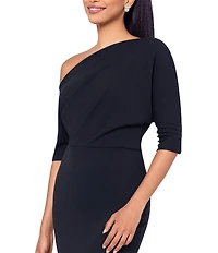 Betsy & Adam Scuba Crepe Asymmetric One Shoulder Short Sleeve Mermaid Gown