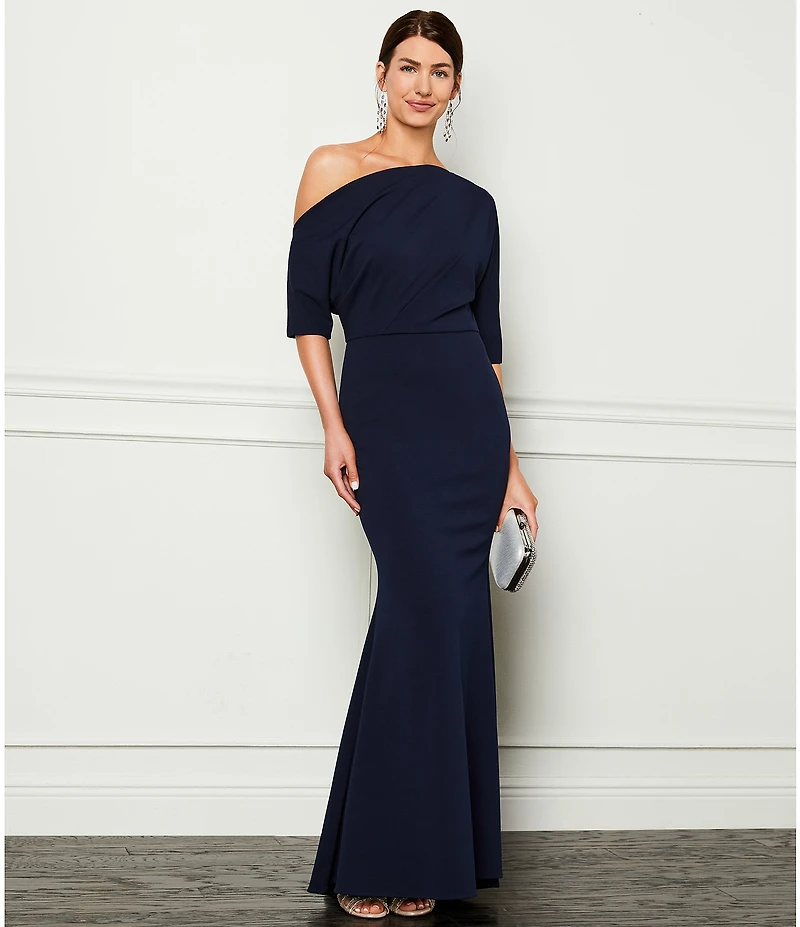 Betsy & Adam Scuba Crepe Asymmetric One Shoulder Short Sleeve Mermaid Gown