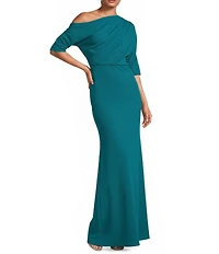 Betsy & Adam Scuba Crepe Asymmetric One Shoulder Short Sleeve Mermaid Gown