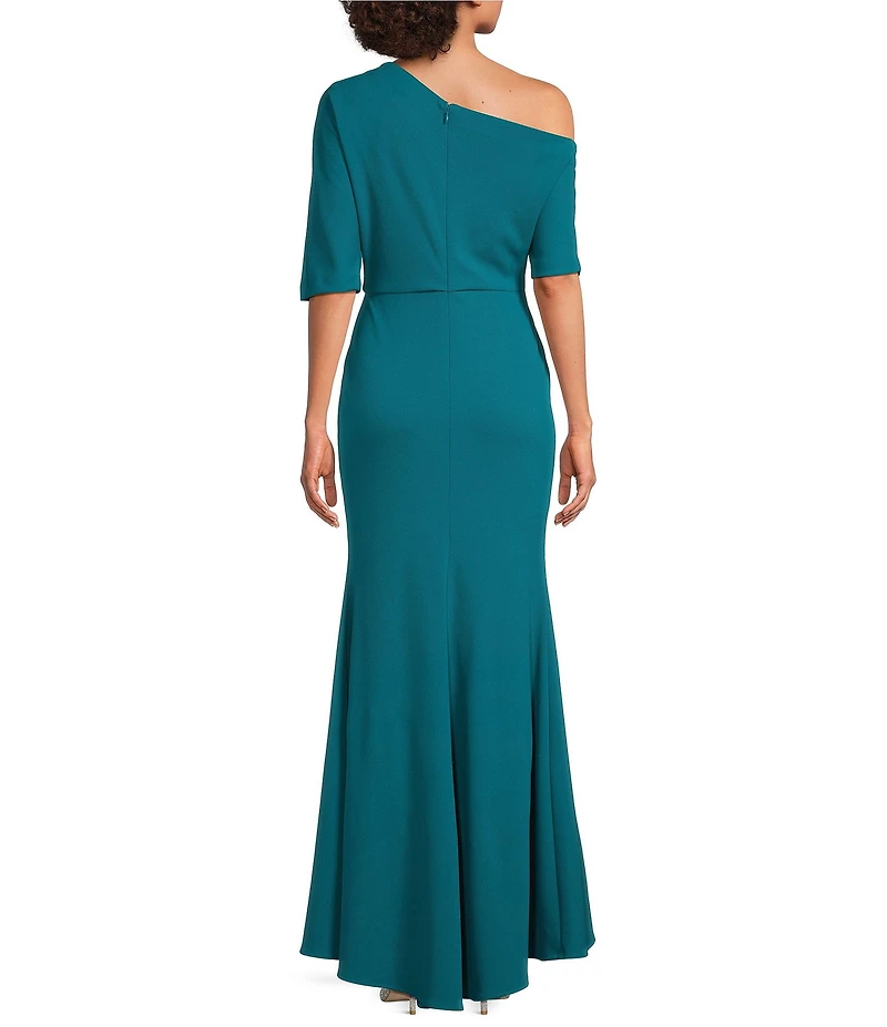 Betsy & Adam Scuba Crepe Asymmetric One Shoulder Short Sleeve Mermaid Gown