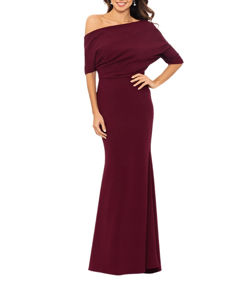 Betsy & Adam Scuba Crepe Asymmetric One Shoulder Short Sleeve Mermaid Gown