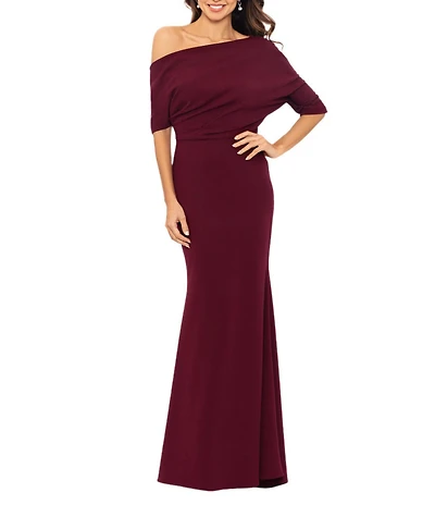 Betsy & Adam Scuba Crepe Asymmetric One Shoulder Short Sleeve Mermaid Gown