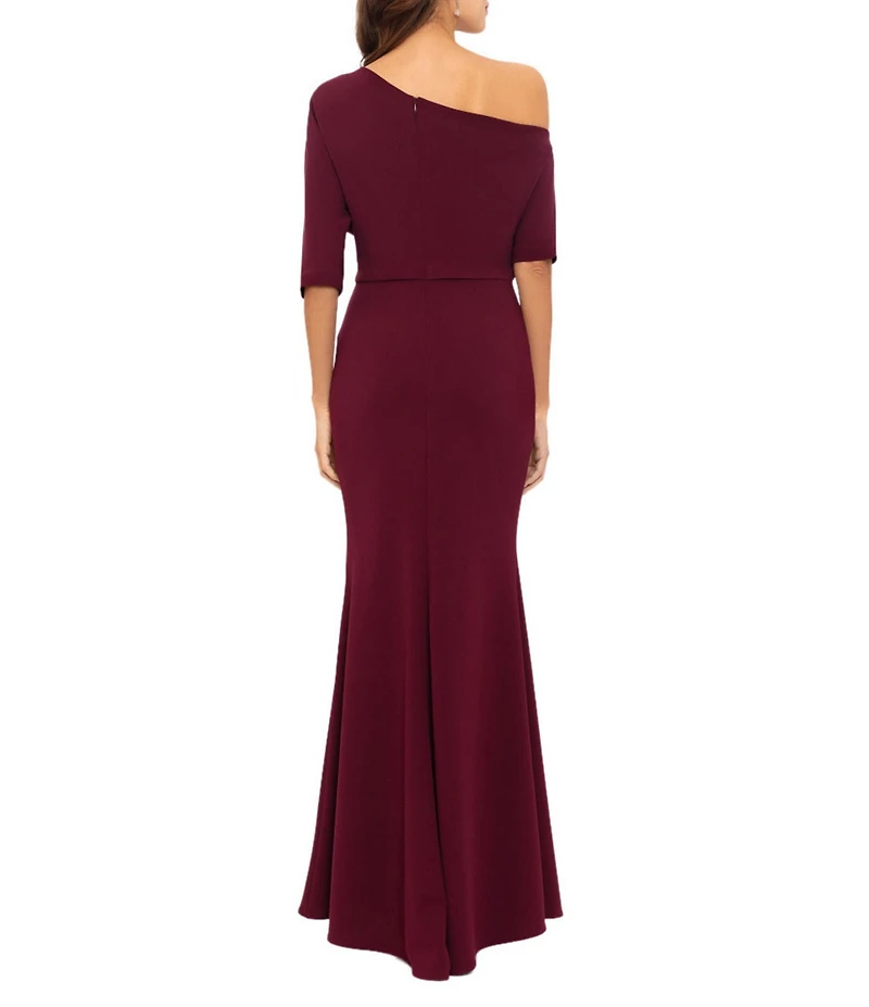Betsy & Adam Scuba Crepe Asymmetric One Shoulder Short Sleeve Mermaid Gown