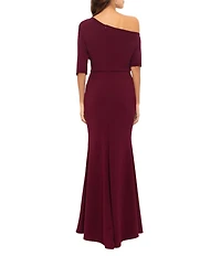 Betsy & Adam Scuba Crepe Asymmetric One Shoulder Short Sleeve Mermaid Gown