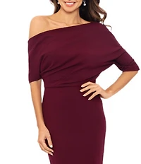 Betsy & Adam Scuba Crepe Asymmetric One Shoulder Short Sleeve Mermaid Gown