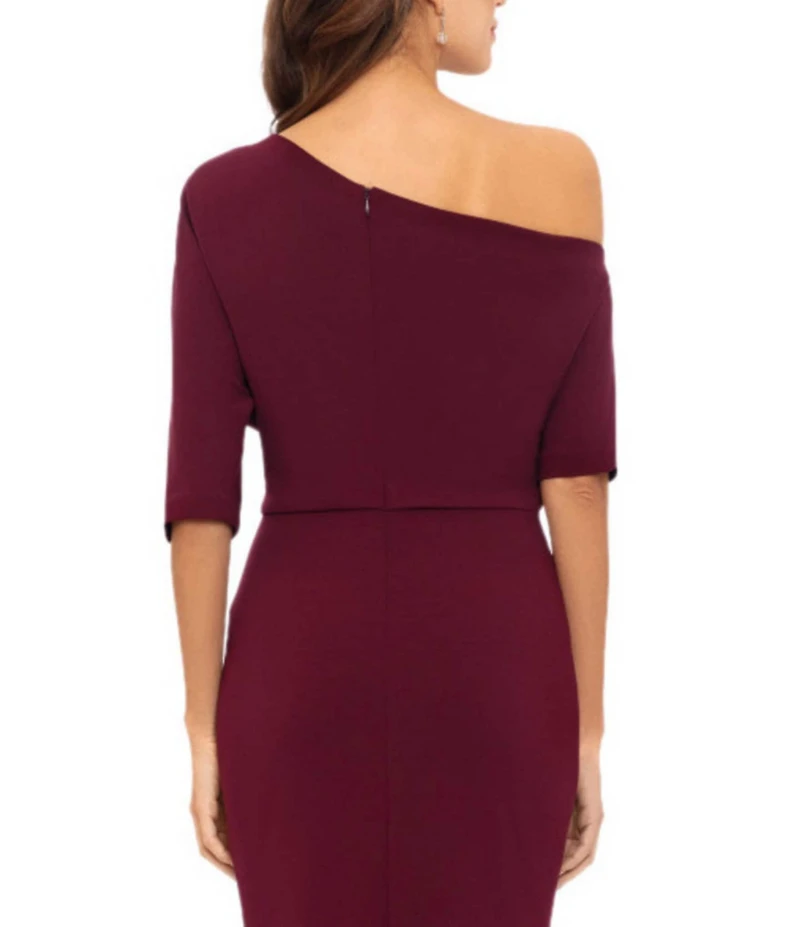 Betsy & Adam Scuba Crepe Asymmetric One Shoulder Short Sleeve Mermaid Gown