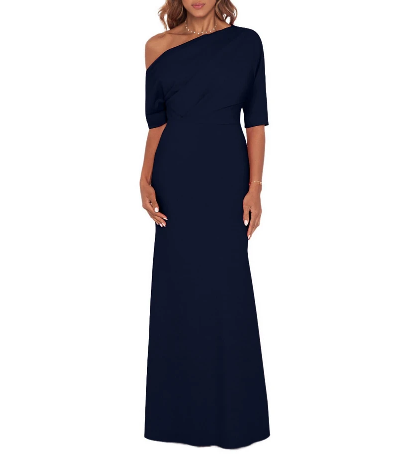 Betsy & Adam Scuba Crepe Asymmetric One Shoulder Short Sleeve Mermaid Gown