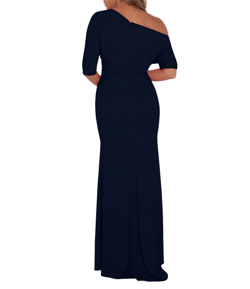 Betsy & Adam Scuba Crepe Asymmetric One Shoulder Short Sleeve Mermaid Gown