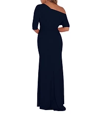 Betsy & Adam Scuba Crepe Asymmetric One Shoulder Short Sleeve Mermaid Gown