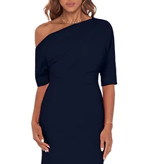 Betsy & Adam Scuba Crepe Asymmetric One Shoulder Short Sleeve Mermaid Gown