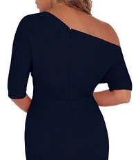 Betsy & Adam Scuba Crepe Asymmetric One Shoulder Short Sleeve Mermaid Gown
