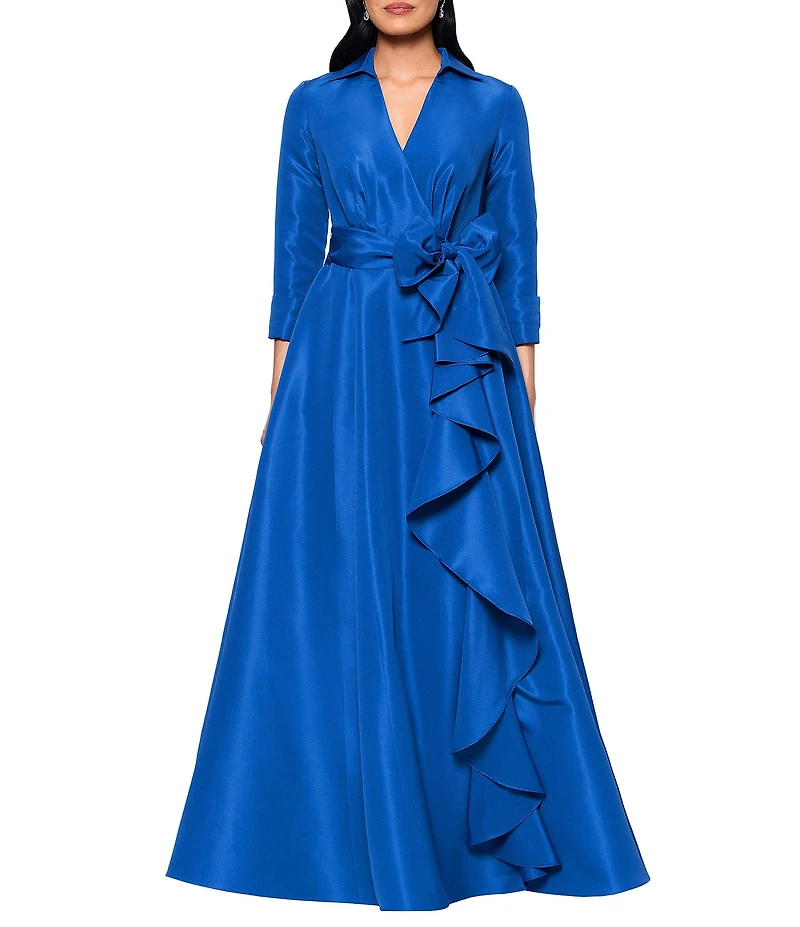 Betsy & Adam Long Sleeve Collar V Neck Taffeta Ballgown With Side Ruffle