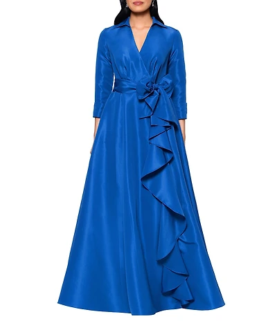 Betsy & Adam Long Sleeve Collar V Neck Taffeta Ballgown With Side Ruffle