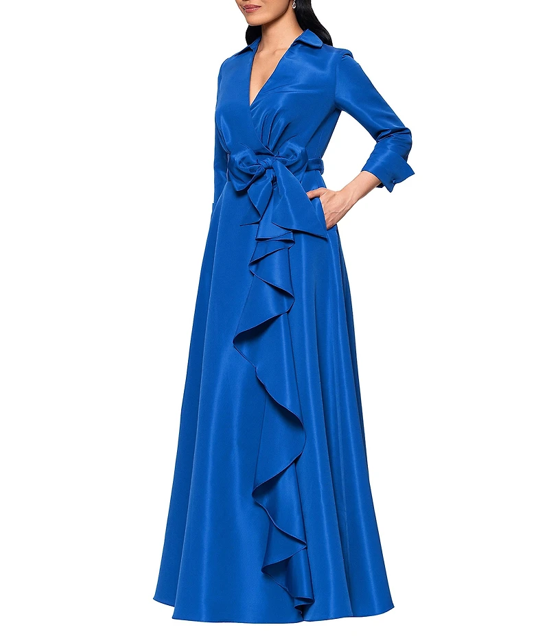 Betsy & Adam Long Sleeve Collar V Neck Taffeta Ballgown With Side Ruffle