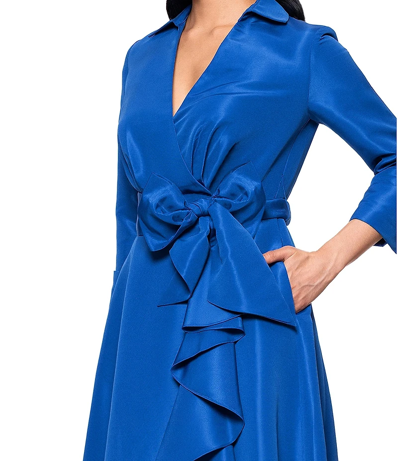 Betsy & Adam Long Sleeve Collar V Neck Taffeta Ballgown With Side Ruffle