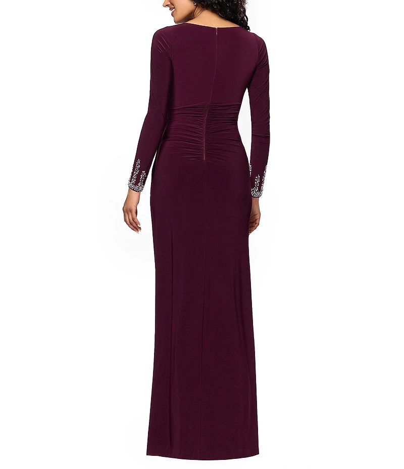 Betsy & Adam Long Sleeves With Beaded Embellishment Ruched Sheath Gown