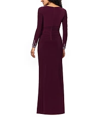 Betsy & Adam Long Sleeves With Beaded Embellishment Ruched Sheath Gown