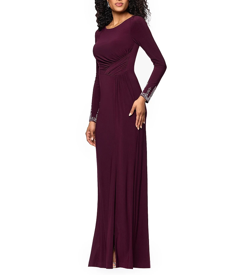 Betsy & Adam Long Sleeves With Beaded Embellishment Ruched Sheath Gown