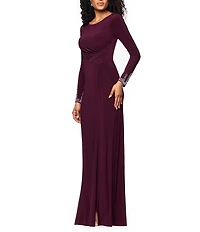 Betsy & Adam Long Sleeves With Beaded Embellishment Ruched Sheath Gown