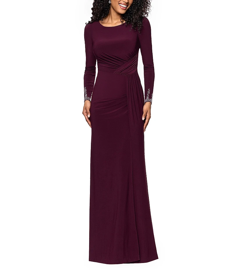Betsy & Adam Long Sleeves With Beaded Embellishment Ruched Sheath Gown