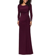Betsy & Adam Long Sleeves With Beaded Embellishment Ruched Sheath Gown