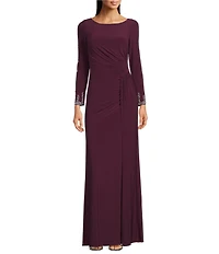 Betsy & Adam Long Sleeves With Beaded Embellishment Ruched Sheath Gown