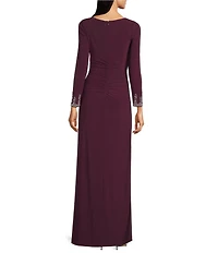 Betsy & Adam Long Sleeves With Beaded Embellishment Ruched Sheath Gown