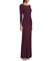 Betsy & Adam Long Sleeves With Beaded Embellishment Ruched Sheath Gown