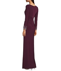 Betsy & Adam Long Sleeves With Beaded Embellishment Ruched Sheath Gown