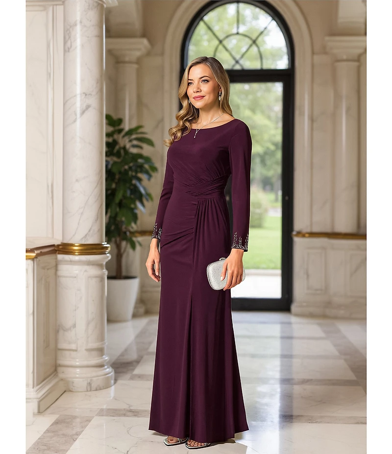 Betsy & Adam Long Sleeves With Beaded Embellishment Ruched Sheath Gown