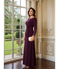 Betsy & Adam Long Sleeves With Beaded Embellishment Ruched Sheath Gown