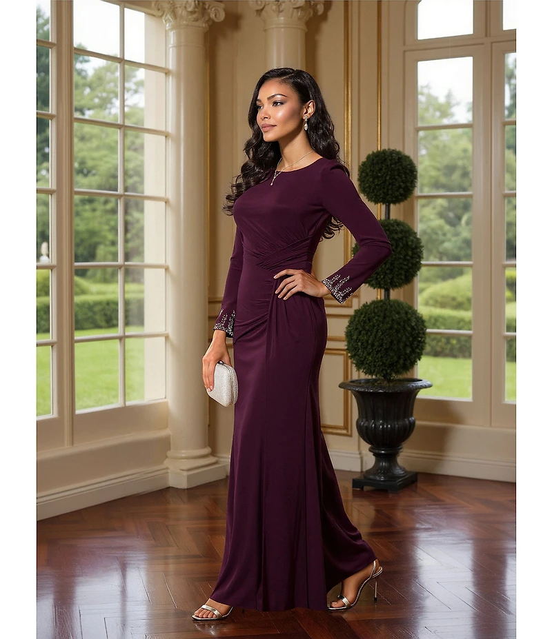 Betsy & Adam Long Sleeves With Beaded Embellishment Ruched Sheath Gown