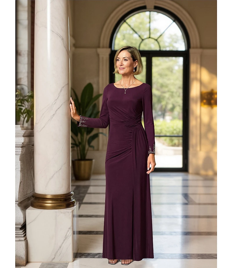 Betsy & Adam Long Sleeves With Beaded Embellishment Ruched Sheath Gown