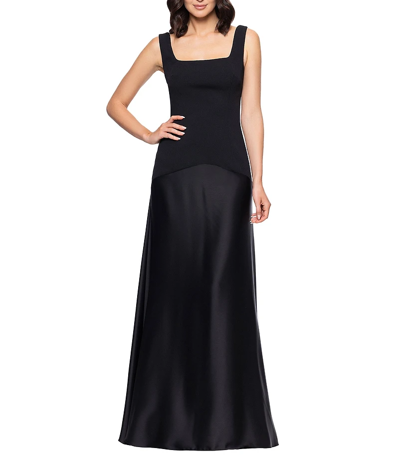 Betsy & Adam Long Square Neck Scuba Crepe Back With Satin Drop Waist