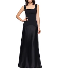Betsy & Adam Long Square Neck Scuba Crepe Back With Satin Drop Waist