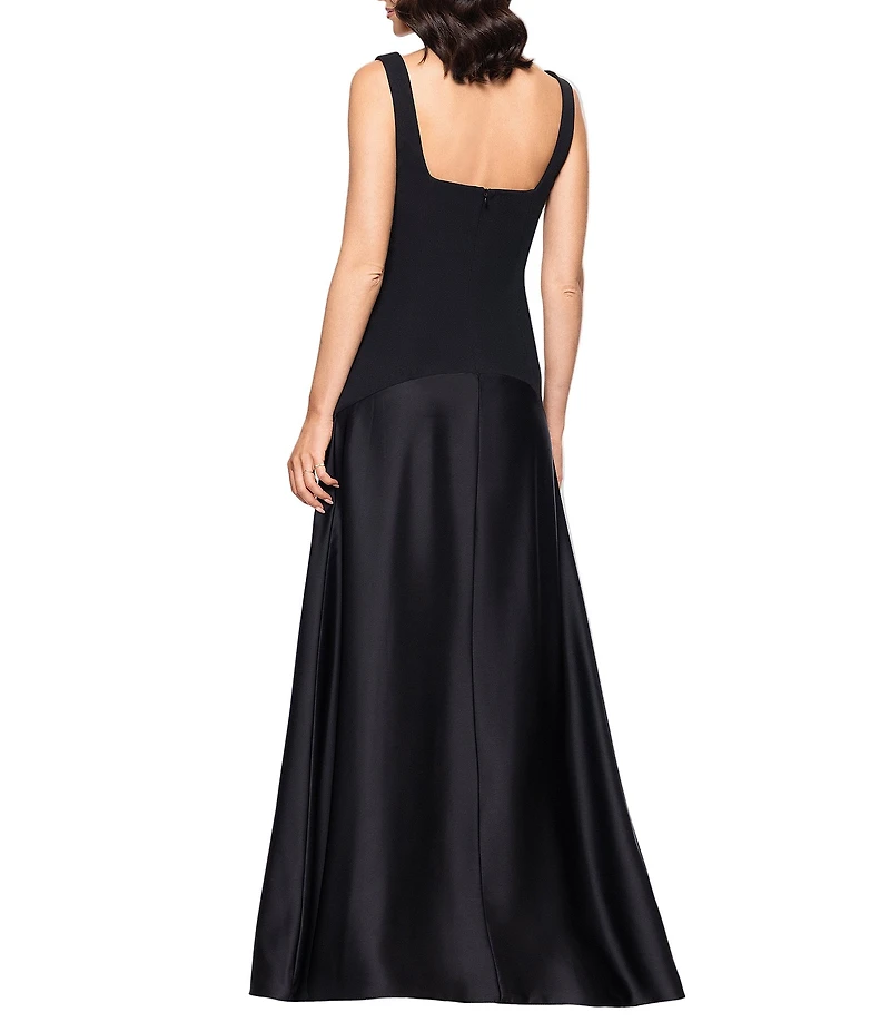 Betsy & Adam Long Square Neck Scuba Crepe Back With Satin Drop Waist